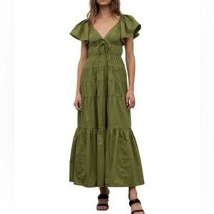 Worn 1x moon river Olive Green Tiered Maxi Dress with Flutter Sleeves